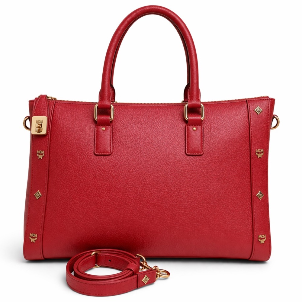 MCM Red Satchel with Gold Accents